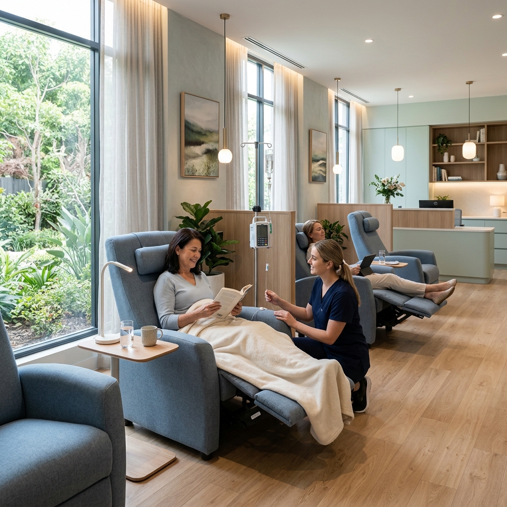 Sillón ergonómico de infusión en la sala de INFUZAC con iluminación natural y una enfermera sonriente
